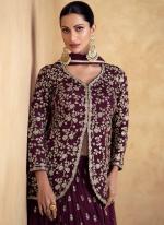 Chinnon Silk Wine Wedding Wear Embroidery Work Readymade Indo Western